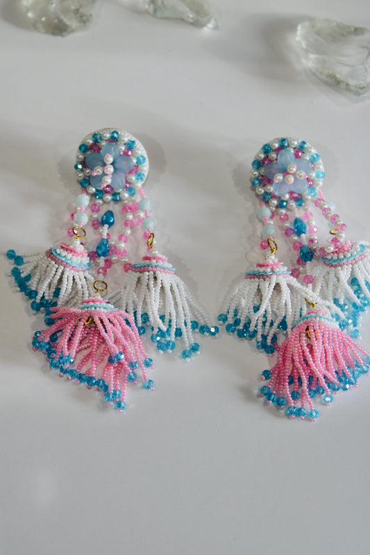 White & Pink Beaded Earrings